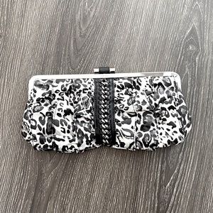 BEBE Clutch Purse Black & White Animal Print w. Chrome Hardware